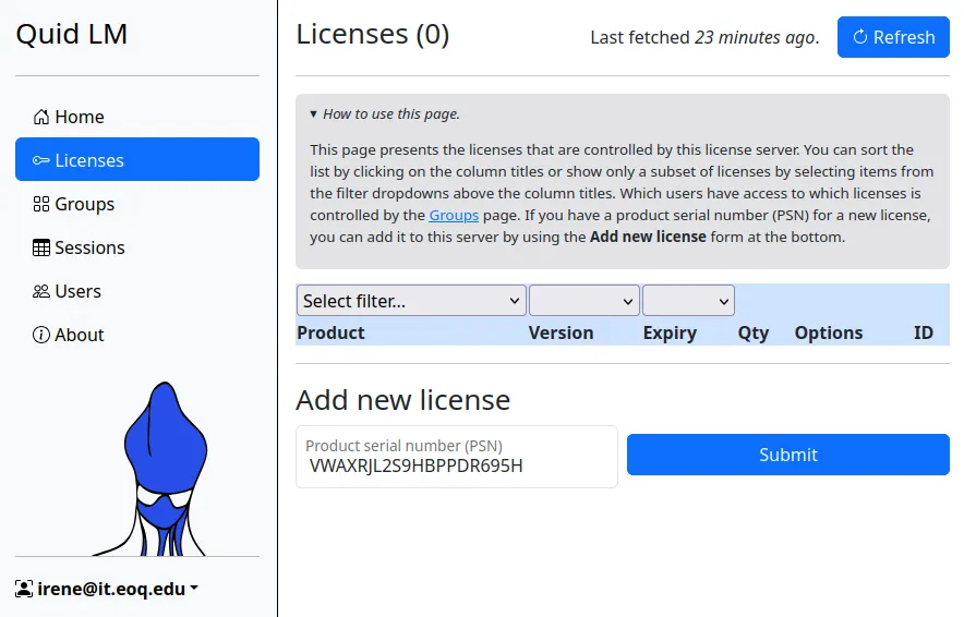 Licenses are added by submitting a PSN