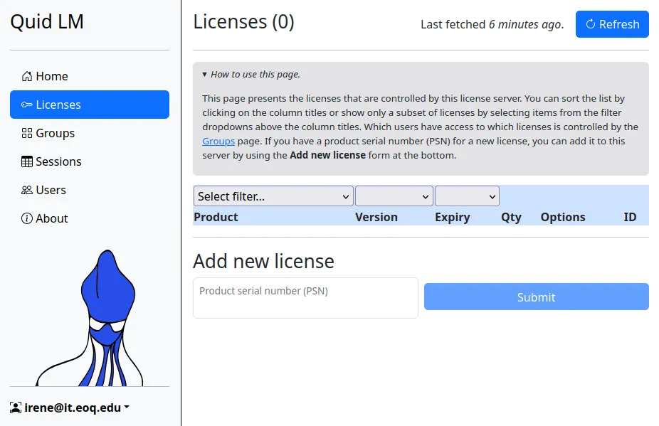The Licenses section displays the current licenses and allows to add new ones