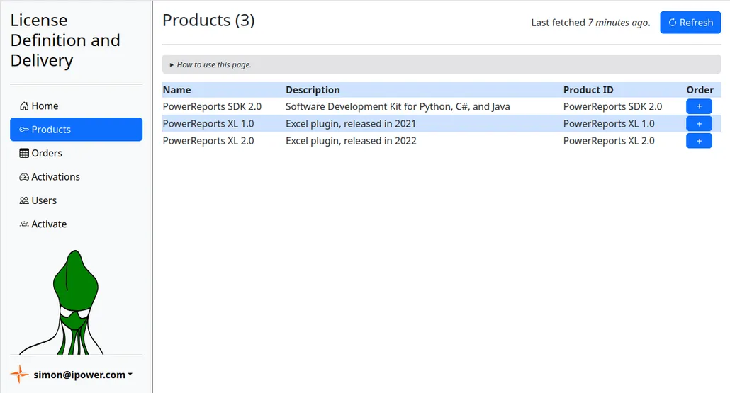 The Products page lists the license types that can be created
